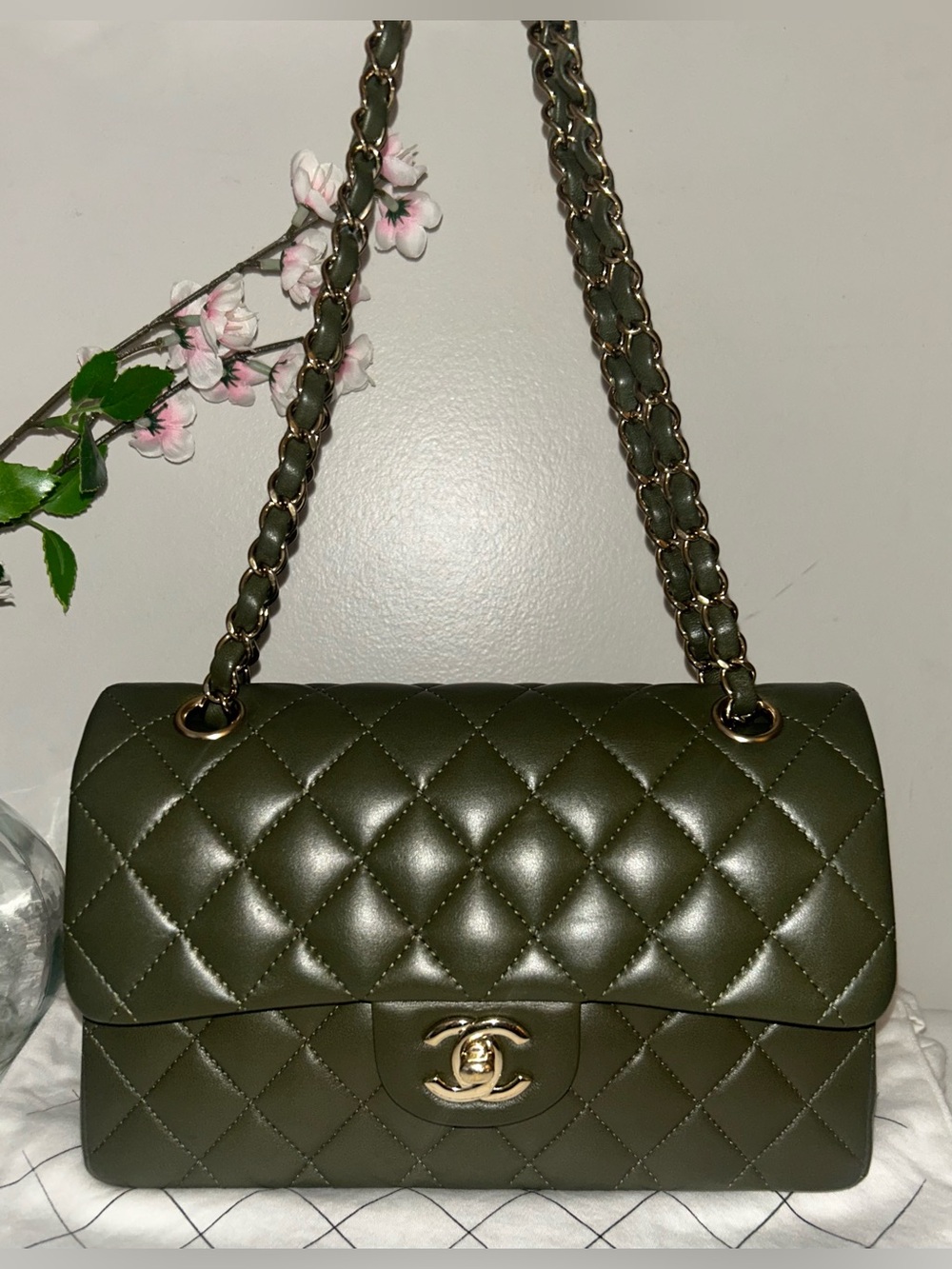 CHANEL Small Classic Double Flap Lambskin Quilted Handbag Olive / Gold Hardware